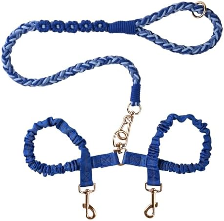 Double Dog Leash – Tangle-Free Dual Leash with 360° Swivel, Shock Absorbing Bungee, Reflective Stitching & Hand-Braided Main Rope (Supports Up to 440 lbs, Blue) by Panda+Jianghu