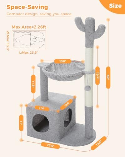 MUTTROS Cactus Cat Tree Cat Scratching Post 40" Cat Tower with Large Metal Carpet Hammock, Cat Scratching Post for Indoor Cats with Condo& Dangling Ball, Grey - Image 7