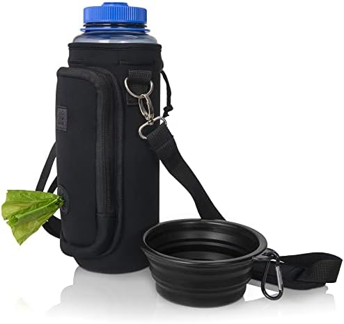 Made Easy Kit Water Bottle Carrier with Pocket for Dog Poop Waste Bags and Adjustable Padded Shoulder Strap (Tall & Large (40oz) with Bowl, Black) by MadeEasyKit
