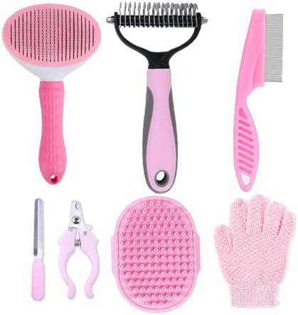 7 PCS Dog Brush Dog Grooming Kits,Dog Shedding Brush，Self-Cleaning Brush with Nail Clipper, Flea Comb and Shampoo Bath Brush by KEEPLKVOC