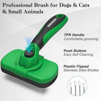 Swihauk Self Cleaning Slicker Brush - Skin Friendly Deshedding Grooming Tool for Dogs & Cats, Suitable for Shedding & Haired Pets, with Pet Supplies Accessories, Green - Image 2