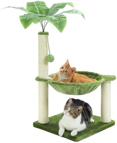 MUTTROS Small Cat Tree, 28" Cat Tower with Sisal Scratching Posts and Coconut Leaves for Indoor Small Cats, Large Hammock and Dangling Ball for Kittens, Green by MUTTROS