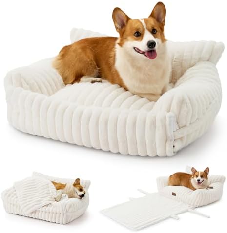 COZY KISS Cute Cat Bed with Removable Cover, Multifunctional Plush Faux Fur Pet Couch Bed with Blanket, Ultra-Soft Pet Furniture for Cats & Small Dogs (Cream, M: 32''x24'') by COZYKISS