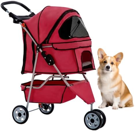 BestOffice Pet Stroller for Small Medium Dogs & Cats, 3-Wheel Foldable Dog Stroller with Cup Holder, Lightweight Travel Carrier, Waterproof Design for Outdoor Walks, Red by BestOffice