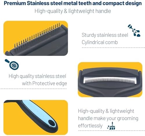 2-Sided Dematting & Deshedding Comb for Pets, Larger Size - 2 Types of Stainless Steel Brush Heads, Ergonomic Handle - Image 5