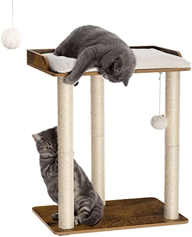 FourFurPets 26.7in Large Cat Tree Tower Condo, Cat Scratch Posts for Indoor Cats, Big Plate, Three 23.6in Full Sisal Scratching Posts, Rustic Brown by FourFurPets