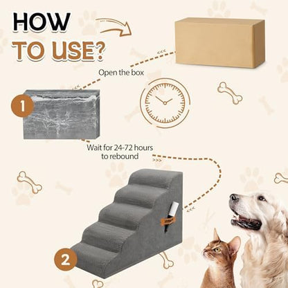 Romrol Dog Stairs Ramp for High Beds Couches, High Density Foam Pet Steps with Durable Non-Slip Waterproof Fabric Cover, Dog Stairs for Small Dogs or Cats or Pets, 5-Step, 22 Inch, Grey - Image 2
