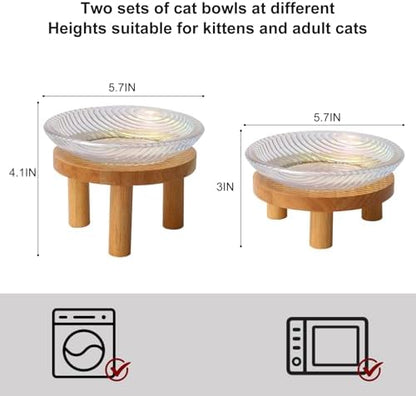 Cat Bowls Whisker Friendly with Wooden Stands. Raised Elevated Glass Whisker Fatigue Cat Bowl for Indoor Cats. 2PCS (Rainbow Colors) - Image 2