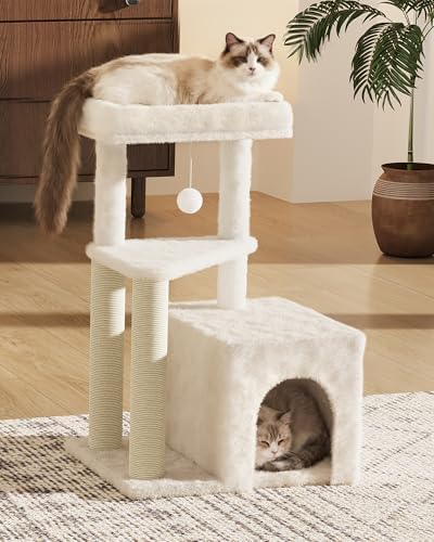 Cat Tree Tower for Indoor Cats, 33 Inches Multi-Level Cat Condo with Scratching Posts, Large Perch, Hanging Toy for Large Adult Cats, Beige - Image 2