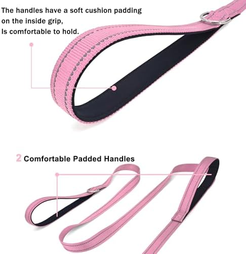 6 FT Pink Nylon Reflective Dog Leash for Medium Dogs with 2 Padded Handle - Image 4