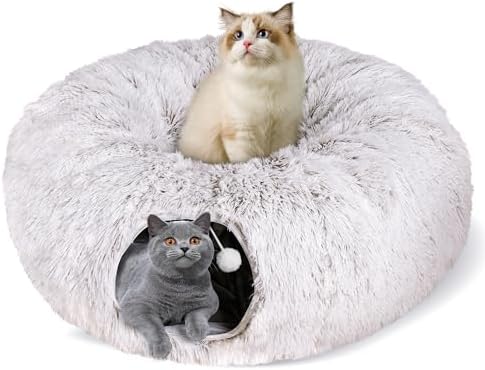 Peekaboo Cat Cave with Washable Mat, Collapsible Cat Play Tunnel for Kittens & Small Pets, Plush Cat Donut Bed Tunnel, Brown by Baseola