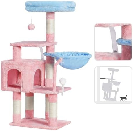Heybly Cat Tree with Toy, 43.3 inch Cat Tower condo for Indoor Cats, Cat House with Padded Plush Perch, Cozy Hammock and Sisal Scratching Posts, Blue and Pink HCT004SBP - Image 6