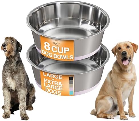 Neater Pet Brands Stainless Steel Dog Bowls with Non-Slip Rubber Bottom – Set of 2, 8 Cup (64 oz), Pink - Heavy Duty Metal Dog Bowl, Dishwasher Safe, Food or Water Bowl, Ideal for Large Dogs by NeaterPetBrands