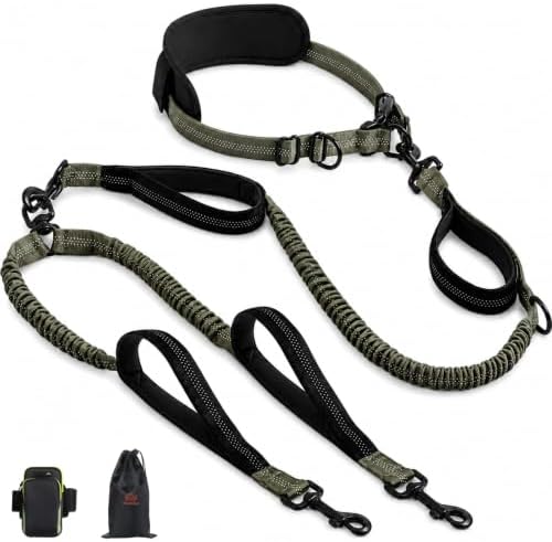 Hands Free Double Dog Leash, 4 Reflective Padded Handles, Adjustable Waist Belt 27-51", Shock-Absorbing Bungee, 360° Swivel Clips, for Small, Medium & Large Dogs, Walking Jogging Running by Unknown