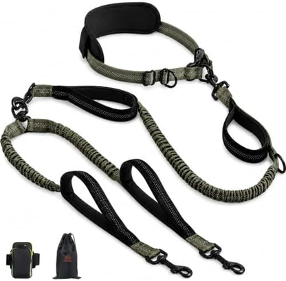 Hands Free Double Dog Leash, 4 Reflective Padded Handles, Adjustable Waist Belt 27-51", Shock-Absorbing Bungee, 360° Swivel Clips, for Small, Medium & Large Dogs, Walking Jogging Running by Unknown