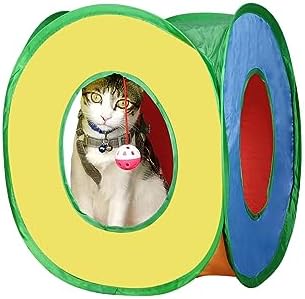 Andiker Cat Tunnel, Foldable Square Colorful Kitten Pop Up Tent Matches with Most Cat Tubes Polyester Kitten Tent with a Bell Ball 3 Holes Kitten Tubes to Hide Play (Square S) by Andiker-ServingforYou