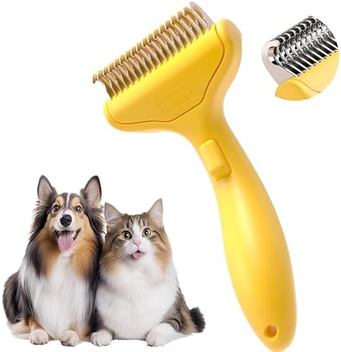 Dematting Comb and Deshedding Brush for Double-Coated Dogs and Cats,Undercoat Rake Pet Brush for long haired and Matted Fur Pets,Grooming Tool for Kitten, Puppy and Rabbit (Yellow) by Unknown