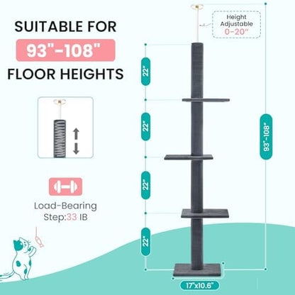 Max & Marlow 95-108" Floor to Ceiling Cat Tree for Indoor Cats, Dark Grey - Image 2