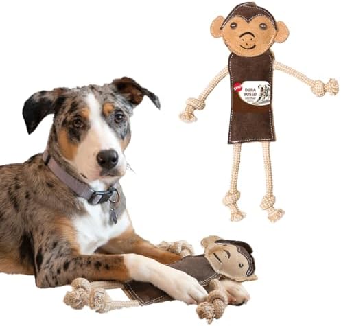 SPOT Dura-Fused Leather Jungle Animals - Dog Toy with Squeakers and Rope Limbs, Real Leather and Jute Chew Toy, Durable No-Stuffing Toy for Light to Moderate Chewers - 14in, Assorted Styles, 1 Piece by SPOT