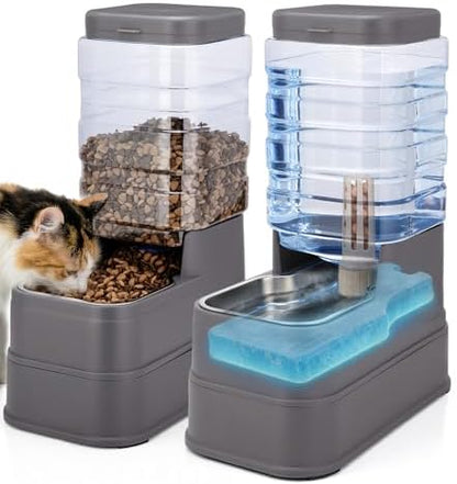 2 Pack Automatic Cat Feeder and Water Dispenser 1.3 Gallon Dog Gravity Food Feeder and Water with Ice Pack Stainless Steel Dry Food and Water Bowl for Small Medium Large Pets (Grey) by Pawzone