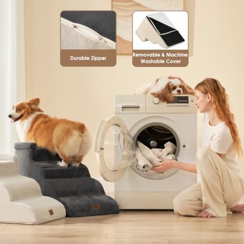 EHEYCIGA 5-Step Curved Dog Stairs for High Beds 20.7" H, Beige - Image 6