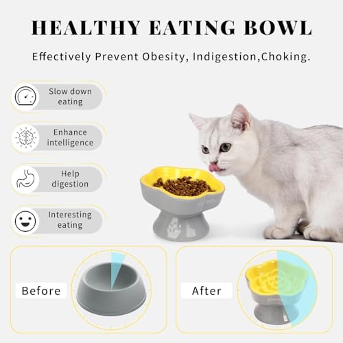 S&Q's CERAMICS Raised Slow Feeder Cat Bowl, Ceramic Elevated Food Bowl Small Dogs Slow Feeder, Flower Shaped Cute Pet Dish for Dry and Wet Food (Yellow, 5.8") - Image 3