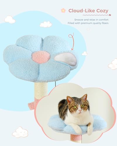 MUTTROS Flower Cat Tree 47.2" Multi-Level Cat Tower with Sisal Covered Scratching Posts, Cute Cat Condo for Indoor Small Medium Cats, Pink Top Perch, Ramp, Fluffy Ball, Blue - Image 4