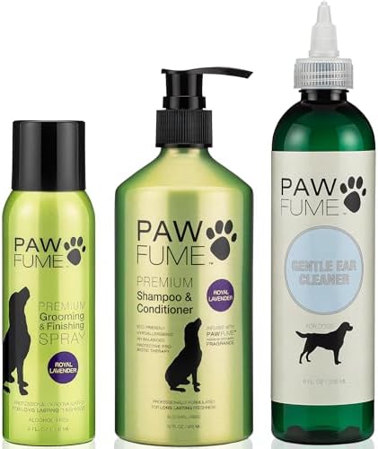 Paw Fume Grooming Dog Spray (Lavender) + Dog Shampoo and Conditioner (Royal Lavender) + Ear Cleaner for Dogs by Pawfume