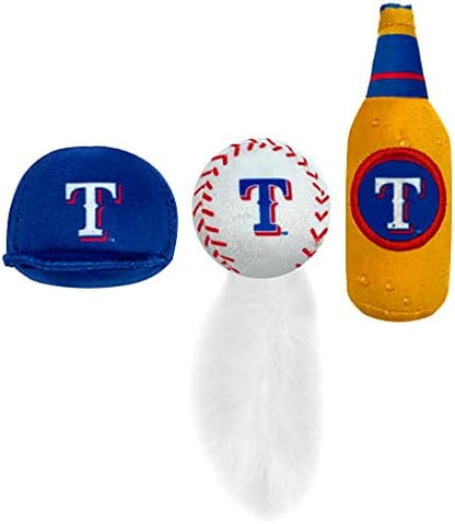 BEST PLUSH CAT TOY: MLB TEXAS RANGERS Complete Set of 3 piece Cat Toys filled with Fresh Catnip. Includes: 1 Baseball Cap Cat Toy, 1 Baseball Cat Toy with Feathers & 1 Beer Bottle. Beautiful Team LOGO - Image 5