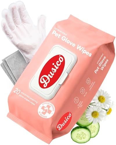 Dusico® Pet Glove Wipes with Microfiber Towel (20 Pack) Unscented – Chlorhexidine Dog Wipes – Oil-Free & Aloe-Free Hypoallergenic Cat Grooming Gloves. Deodorizing Formula with Cucumber & Chamomile by Dusico