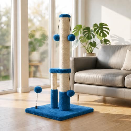 Dimaka Tall Cat Scratching Post, Double Lower Posts Extra Stable Cat Post Tree Scratcher with Sisal Rope and Teasing 4 Balls Total Large Base (Blue) - Image 6