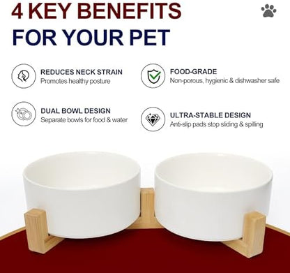 Dog Food Bowl Set, 28.7 oz Ceramic Bowls with Wood Stand, White - Image 2