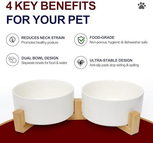 Dog Food Bowl Set, 28.7 oz Ceramic Bowls with Wood Stand, White - Image 2