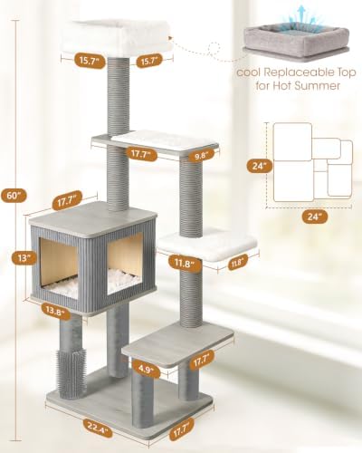 60" Heavy Duty Cat Tree, Tall Cat Tower for Large Cats, Grey - Image 4
