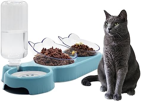 Sky Blue Triple Cat Bowls with 15 Tilt, 3-in-1 Automatic Water & Food Feeder, Whisker-Friendly Elevated Dishes for Small Cats & Puppies by Y-ANNJYA