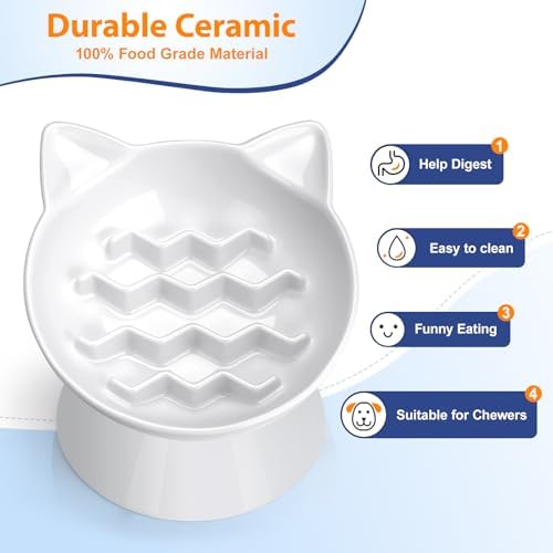Ceramic Slow Feeder Cat Bowl, 2 Cups Tilted Elevated Honeycomb Food Dish - Image 3