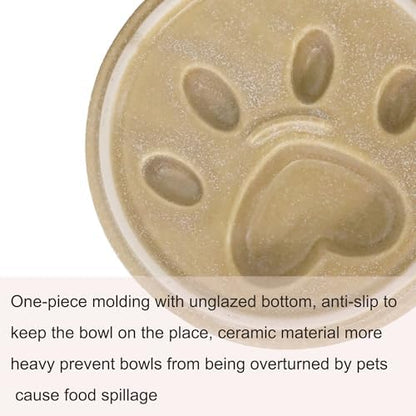 Ceramic Slow Feeder Bowl, 6.69 x 5.7 inches, Elevated Design with Paw Pattern, for Cats and Small Dogs (Khaki) - Image 3