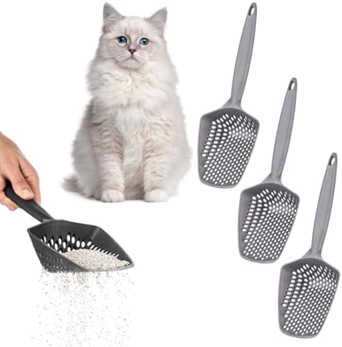 Set of 3 Cat Litter Scoop with Small Holes, Deep Sifting Shovel for Fine Litter, Reptile Terrarium Sand & Rabbit Pooper Lifter, Hanging Handle Poop Scooper (Gray, Set of 3) by EYNEL
