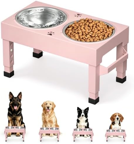 Elevated Dog Bowls Stand Large Breed, Height Adjustable Raised Dog Bowls Holder with 2 Stainless Steel Food Bowls for Small, Medium and Large Canine，Pink by Unknown