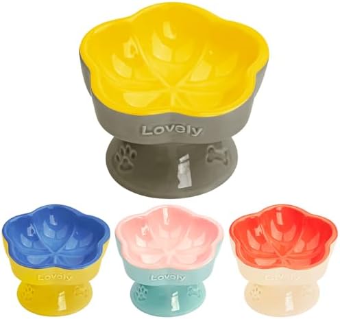 S&Q's CERAMICS Raised Cat Bowl, Elevated Cat Bowl for Food and Water, Ceramic Titled Dish, Anti Vomit & Whisker Friendly, Microwave and Dishwasher Safe (Yellow, 5.8") by SQsCeramics