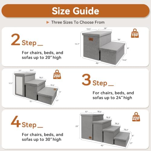 Zerbuger Dog Stairs with Storage, Grey Cat Scratcher 3 Steps Ramp no Condo - Image 2