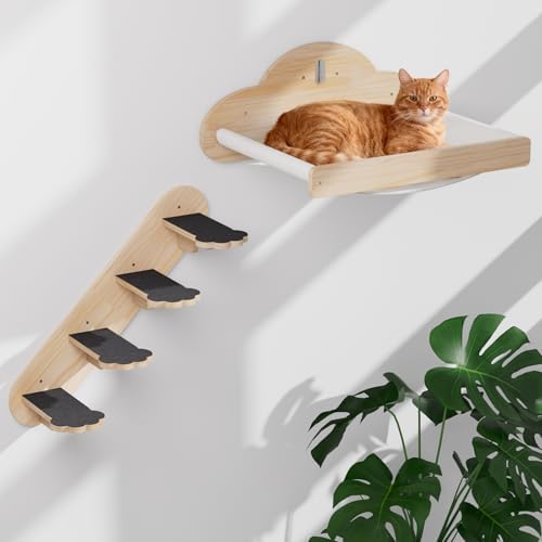 XiaZ Cat Wall Hammock Mounted Bed with 4 Climbing Steps, Modern Cats Shelves and Perches up to 30lbs, Wooden Kitten Wall Furniture for Indoor Sleeping, Playing, Climbing and Lounging (Hammock) by XiaZPet