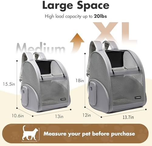 Pet Backpack Carrier ，Large Cat Carrier Backpack Up to 20 Lbs with Breathable Mesh, for Medium Large Cats or Small Dogs, Travel Hiking Camping Backpack (Gray-XL) - Image 2