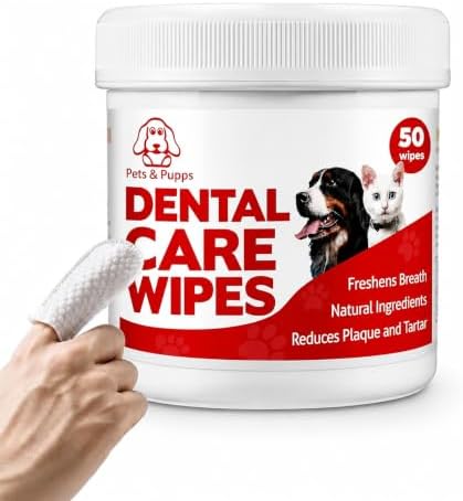 No- Rinse Dog Teeth Cleaning Wipes For Dogs & Cats, Dog Toothbrush Wipes & Dog Tooth Brushing kit Remove Bad Breath & Plaque & Tartar Buildup, Disposable Pet Dental Finger Wipes for Dogs - 50 Count by PetsPupps