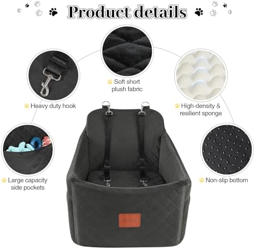 Small Dog Car Seat, Memory Foam Dog Booster Car Seats with Thick Cushion for Medium Dogs Under 35lbs, Detachable Washable Pet Seat with Storage Pockets,2 Safety Belts (Black, Medium) - Image 4