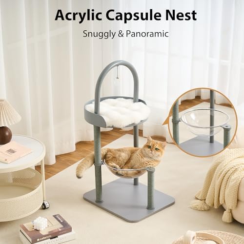 34" Modern Cat Tree Furniture for Indoor Small & Medium Cats, Minimalist Cat Tower with Scratching Posts, Wood Platforms, Capsule Perch, Stable Steel Frame & Washable Cushion, Dove Gray - Image 3