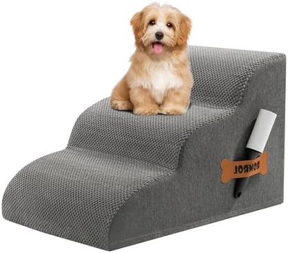 Romrol Dog Stairs Ramp for Beds Couches, Extra Wide Pet Steps with Durable Non-Slip Waterproof Fabric Cover, Dog Slope Stairs for Small Dogs and Cats or Pets Friendly, 3-Tiers, 13 Inch,Grey by Romrol