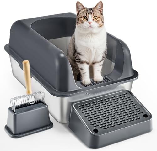VEVOR Stainless Steel Cat Litter Box with Lid, XL Extra Large Enclosed Cat Box for Big Cats, High Sides Metal Litter Box, Anti Leakage,Odor-Free & Easy Cleaning,Include Scoop & Foot Board by VEVOR