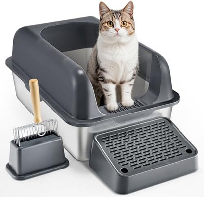 VEVOR Stainless Steel Cat Litter Box with Lid, XL Extra Large Enclosed Cat Box for Big Cats, High Sides Metal Litter Box, Anti Leakage,Odor-Free & Easy Cleaning,Include Scoop & Foot Board by VEVOR