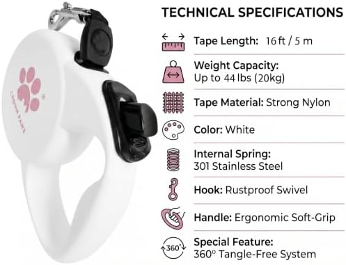 Retractable Dog Leash, 16ft Heavy Duty Nylon Tape for Medium Dogs up to 44 lbs, One-Hand Brake & Lock, Tangle-Free, Ergonomic 3" Large Handle, Lightweight White M GC-DAN - Image 4